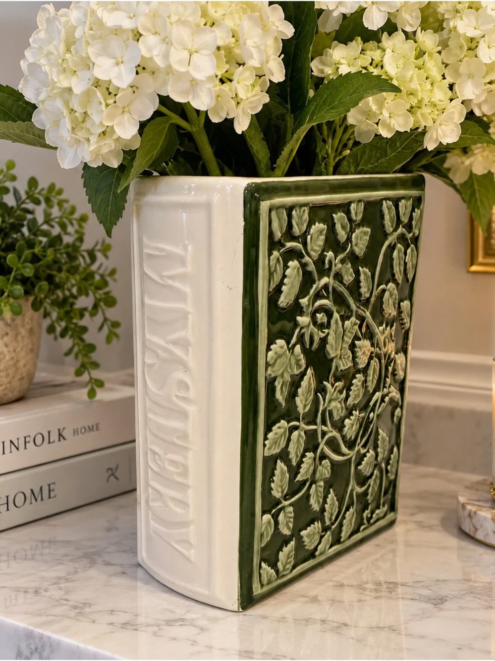 DwellStudio Hand Painted Ceramic Vase Planter Green Ivory Raised Floral 8x6x3